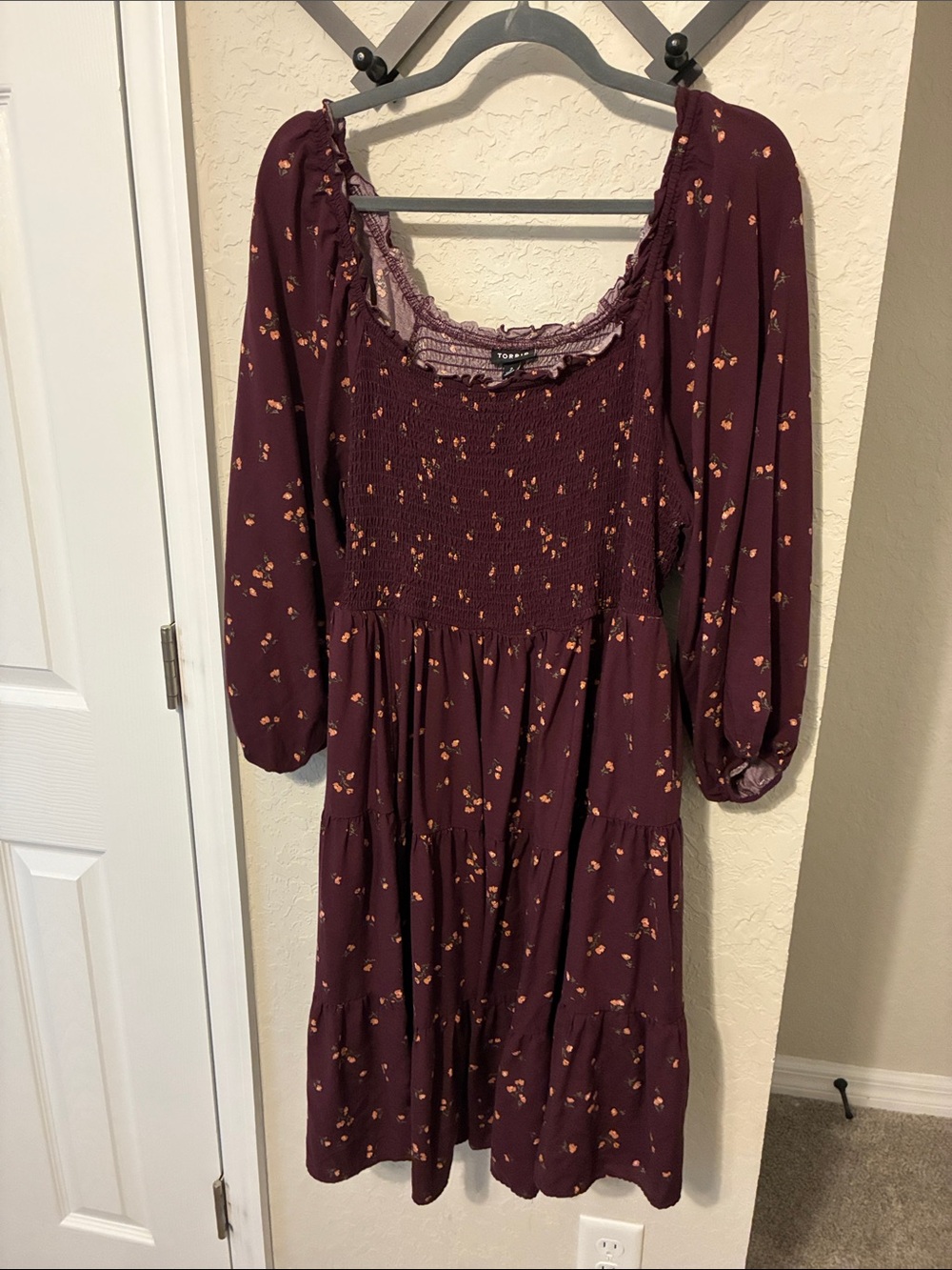 torrid Plum Floral Smocked Midi Dress with Puff Sleeves